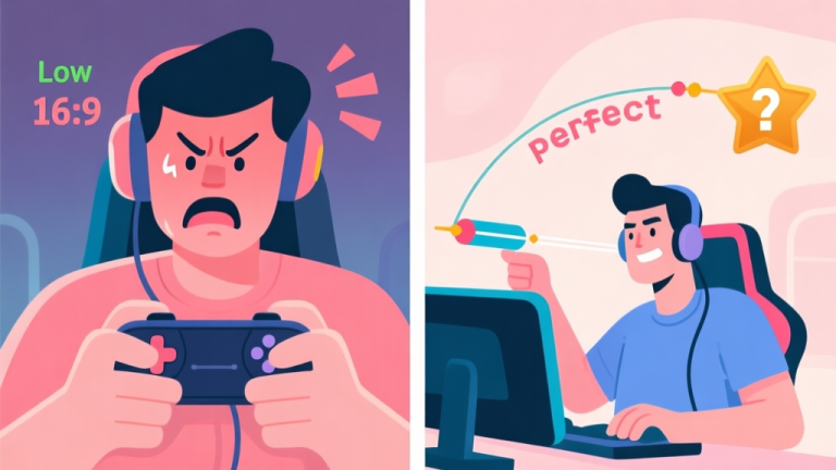 自动生成图片: A split-screen illustration showing a frustrated mobile gamer on one side with a low score, and a confident gamer on the other with a high score and perfect shot arc, in a soft pastel color palette high quality illustration, detailed, 16:9