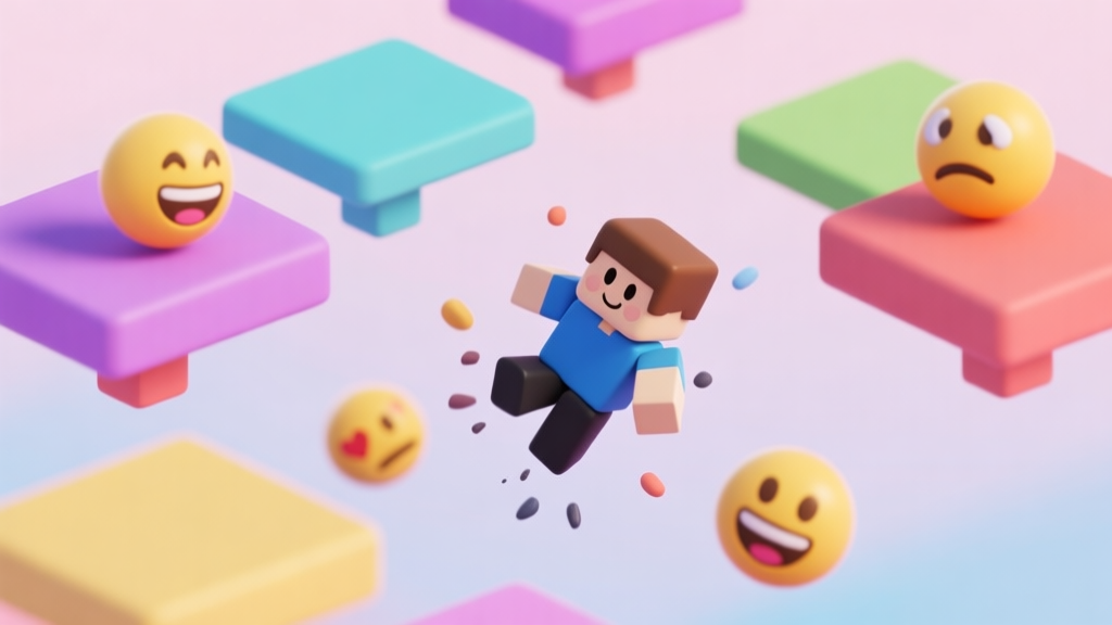 A simple, cute 3D scene of a Roblox character falling past colorful, floating platforms with smiling and frowning emojis, soft pastel background, isometric view high quality illustration, detailed, 16:9