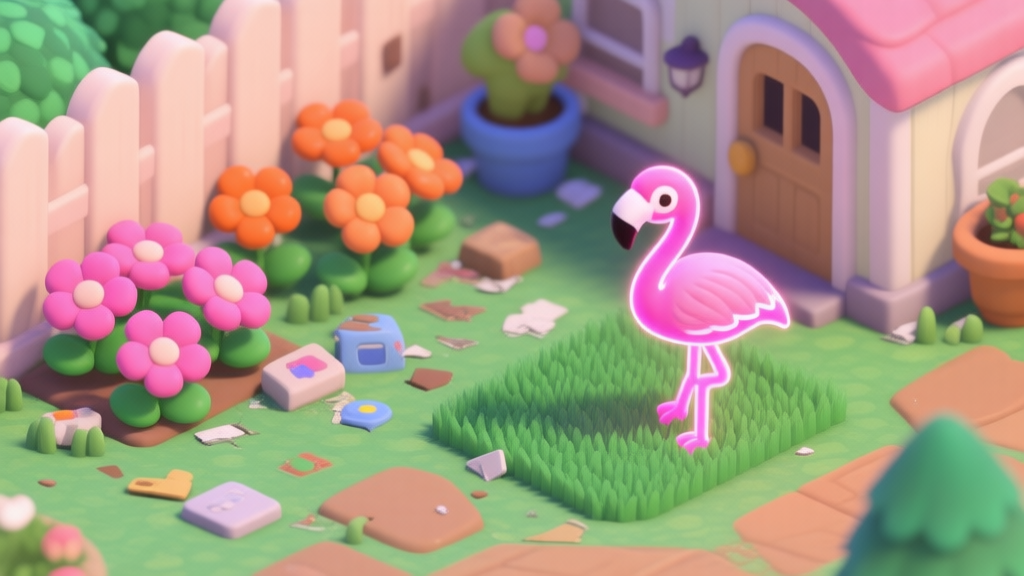 A cozy, slightly messy game garden scene in a simulation game like Animal Crossing, with clashing pink and orange flowers next to a neon flamingo lawn ornament, soft pastel color palette, isometric view high quality illustration, detailed, 16:9