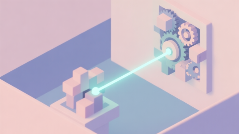 自动生成图片: A minimalist, isometric game scene showing a glowing string attached to a complex puzzle mechanism with gears and blocks, soft pastel color palette, clean lines, flat design style high quality illustration, detailed, 16:9