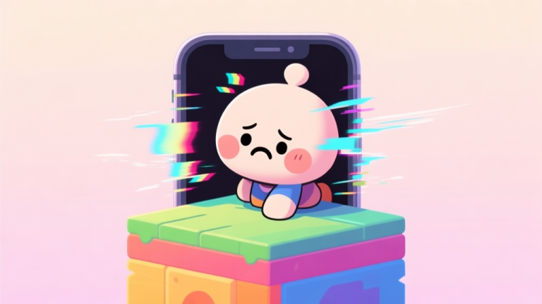 自动生成图片: A cute, frustrated cartoon character from a mobile game stuck halfway inside a colorful platform, with a glitchy visual effect around them, soft pastel background high quality illustration, detailed, 16:9