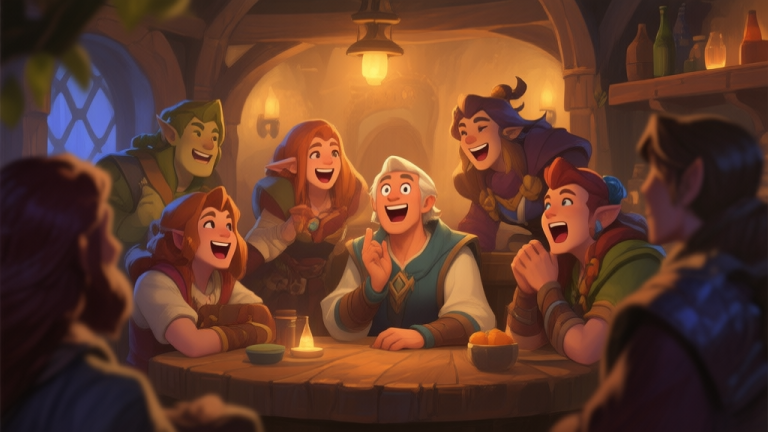 自动生成图片: A cozy, intimate scene inside a fantasy game tavern. A diverse group of player avatars are gathered around a central figure, their emotes showing laughter, surprise, and attention. Warm, inviting lighting, soft focus on the faces, in a painterly digital art style. high quality illustration, detailed, 16:9
