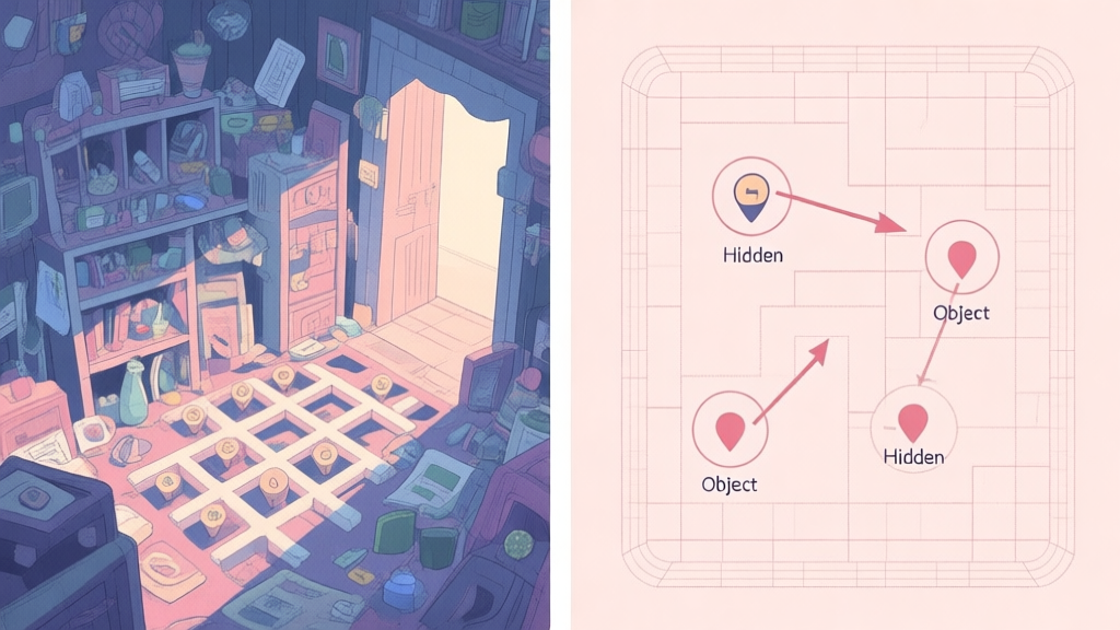 A split-screen illustration showing a cluttered, detailed hidden object game scene on the left, and a simplified, wireframe diagram on the right highlighting hidden object locations with circles and arrows, in a soft pastel color palette high quality illustration, detailed, 16:9