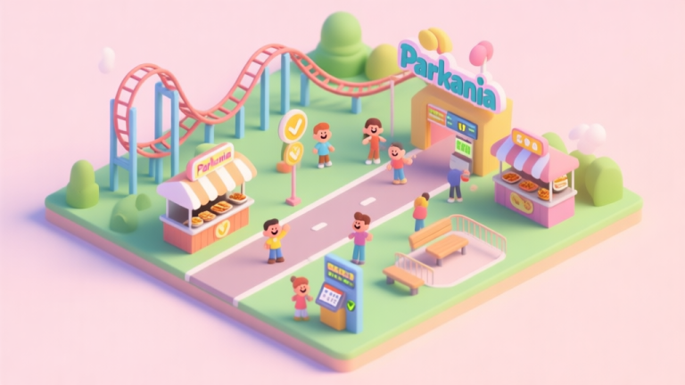 自动生成图片: A vibrant, isometric view of a small but successful theme park in Parkmania, showing a clear path layout connecting a roller coaster, food stalls, and rest area, with happy cartoon guests and visible profit counters, soft pastel color scheme high quality illustration, detailed, 16:9
