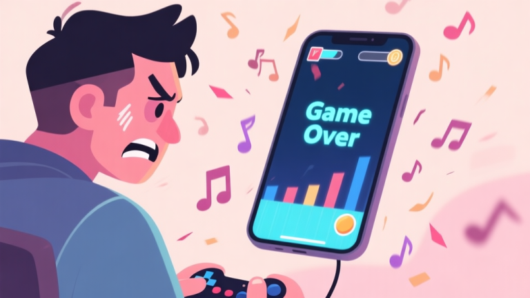 自动生成图片: A frustrated gamer looking at a "Game Over" screen on a mobile rhythm game, with missed notes scattering around, in a soft pastel color palette high quality illustration, detailed, 16:9