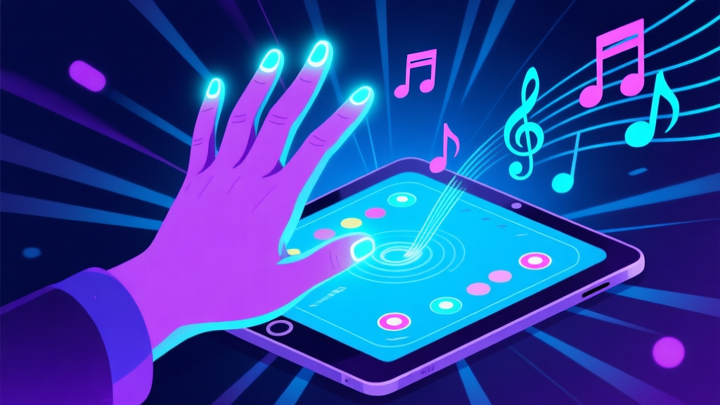 A dynamic, stylized illustration of a hand with glowing fingertips poised over a rhythmic game interface on a tablet, with musical notes and beat lines radiating outwards, in a cool blue and purple color scheme high quality illustration, detailed, 16:9