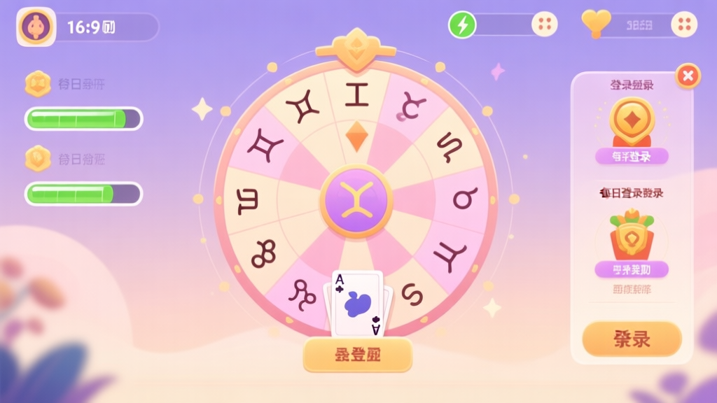 A soft, inviting illustration of a game interface showing a zodiac wheel or fortune-telling cards, integrated seamlessly with game UI elements like energy bars and daily login rewards, in a pastel color palette high quality illustration, detailed, 16:9