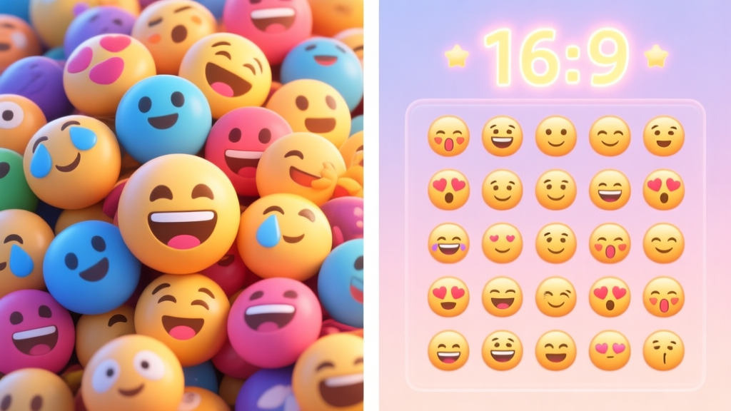 A split-screen illustration showing a chaotic pile of colorful emojis on one side and a perfectly sorted, satisfying grid of the same emojis on the other, with a glowing high-score number above it, in a soft pastel color palette high quality illustration, detailed, 16:9