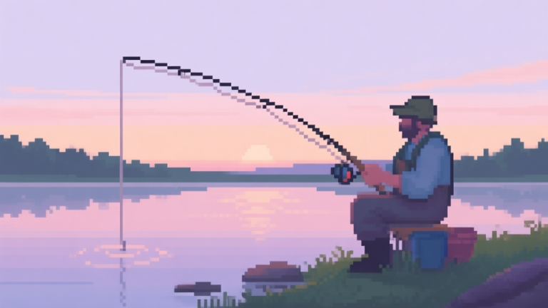 自动生成图片: A serene pixel art scene of a fisherman by a lake at dusk, with a simple fishing line extending into the water, soft pastel colors, calm and inviting atmosphere high quality illustration, detailed, 16:9