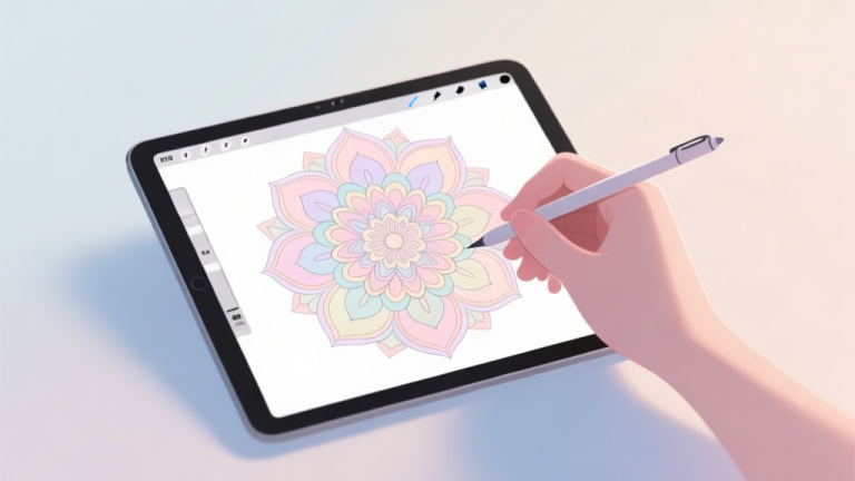 自动生成图片: A serene digital art piece showing a hand holding a stylus over a tablet, with a beautiful, half-finished mandala coloring page on the screen, soft pastel colors blending seamlessly, in a minimalist and calming style high quality illustration, detailed, 16:9