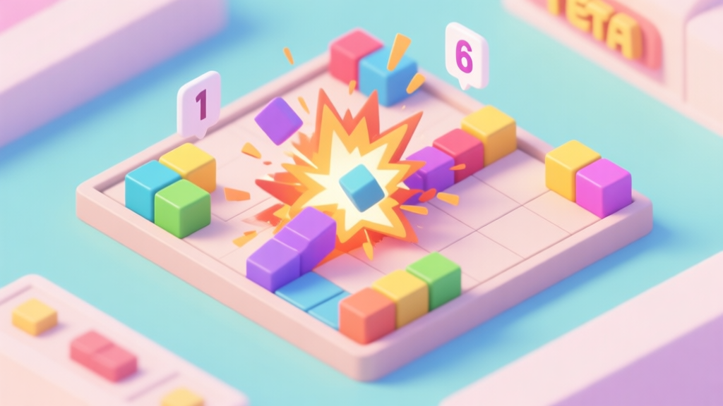A vibrant, isometric view of a Tetra Blocks game board mid-combo, showing colorful blocks exploding in a chain reaction, with multiplier numbers popping up. Soft pastel color palette with a clean UI overlay. high quality illustration, detailed, 16:9