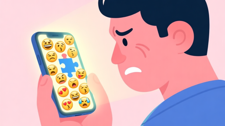 自动生成图片: A frustrated person looking at a glowing smartphone screen filled with a chaotic puzzle of emojis, soft pastel background, flat illustration style high quality illustration, detailed, 16:9
