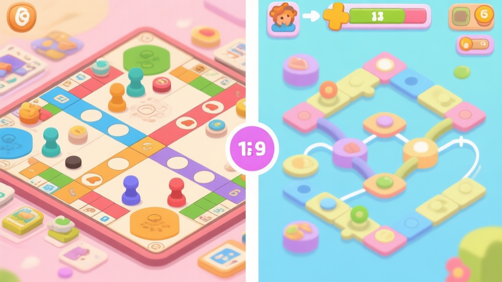 Split-screen comparison of a cluttered game board versus an organized one with clear merge chains, in a bright puzzle game aesthetic, soft pastel colors high quality illustration, detailed, 16:9