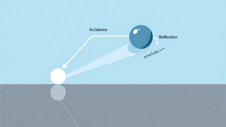 自动生成图片: A minimalist, clean diagram showing a ball's trajectory with angles of incidence and reflection labeled, on a soft blue and grey background, flat design style high quality illustration, detailed, 16:9