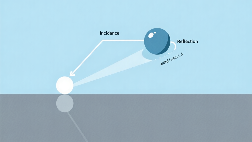 A minimalist, clean diagram showing a ball's trajectory with angles of incidence and reflection labeled, on a soft blue and grey background, flat design style high quality illustration, detailed, 16:9