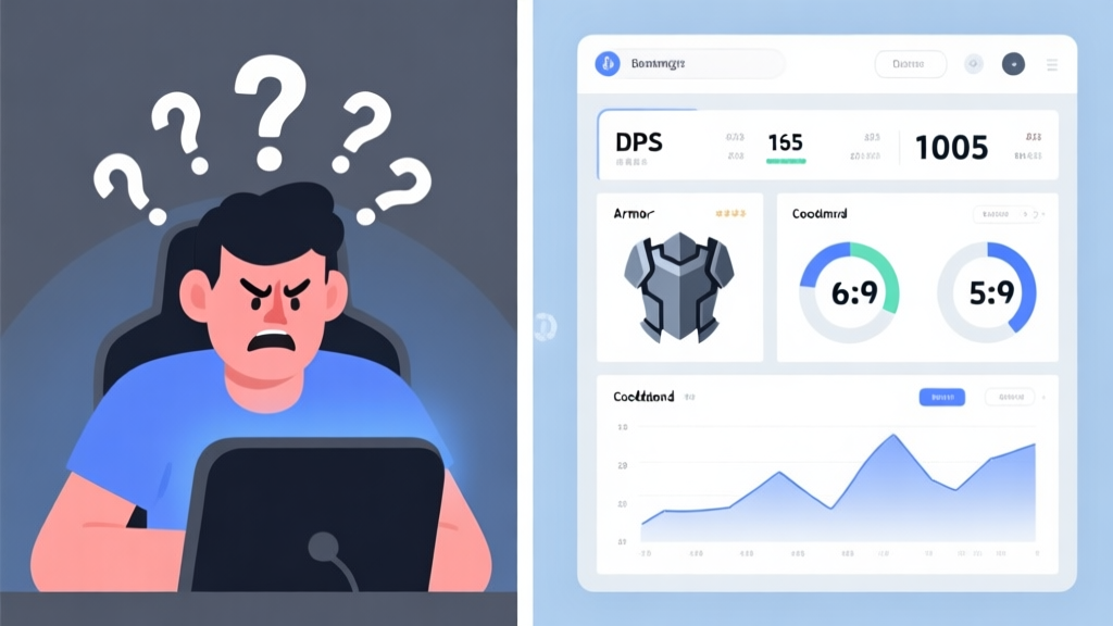 A split-screen illustration showing a frustrated gamer on one side with question marks above their head, and on the other side, a clear, elegant dashboard with game stats like DPS, armor, and cooldown visualized as clean charts and graphs, using a soft blue and grey color scheme high quality illustration, detailed, 16:9