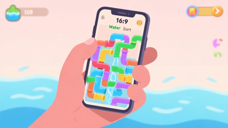 自动生成图片: A frustrated hand holding a smartphone displaying a complex Water Sort Puzzle level with many colored tubes, soft pastel color palette, minimalist game interface high quality illustration, detailed, 16:9