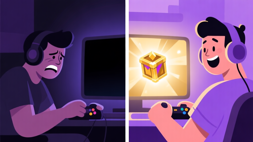 A split-screen illustration showing a frustrated gamer on one side with a dark screen, and a joyful gamer on the other side with a glowing, rare item drop on screen. Soft purple and gold color scheme, flat design style. high quality illustration, detailed, 16:9