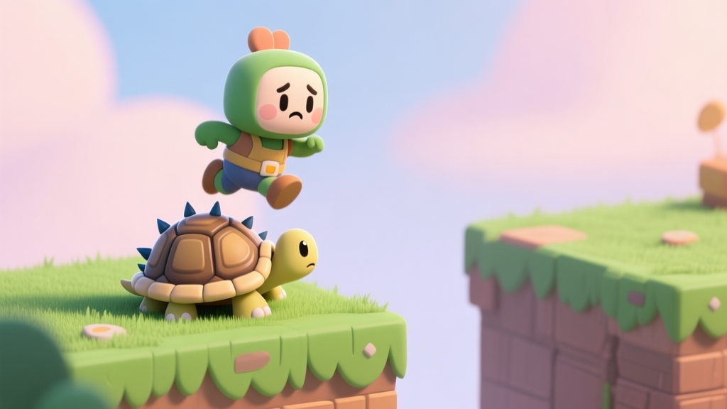 A cute, stylized video game character hesitating before jumping onto a spiked turtle shell on a grassy platform, with a wide gap in the background, cartoon style with soft pastel colors high quality illustration, detailed, 16:9