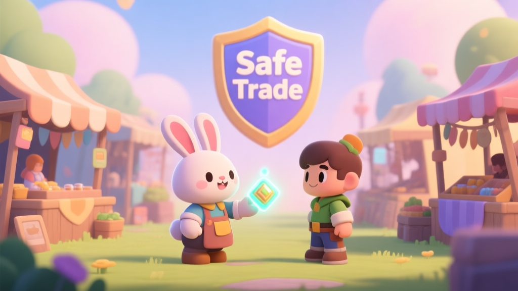 A friendly, cartoon-style illustration of a vibrant in-game marketplace with stalls. A cute rabbit merchant is handing a glowing item to a new player character, with a large "Safe Trade" shield icon in the background. Soft pastel colors. high quality illustration, detailed, 16:9
