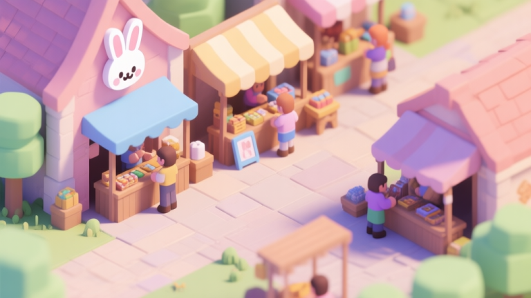 自动生成图片: A cozy, isometric view of a vibrant in-game marketplace with stalls, players trading items, and a subtle bunny mascot logo, soft pastel color palette, digital illustration style high quality illustration, detailed, 16:9