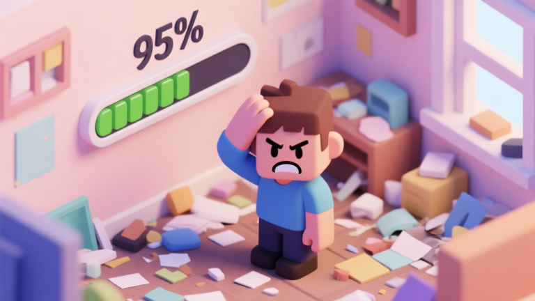 自动生成图片: A frustrated game character scratching their head in front of a messy, cluttered room with a progress bar stuck at 95%, soft pastel colors, isometric view high quality illustration, detailed, 16:9