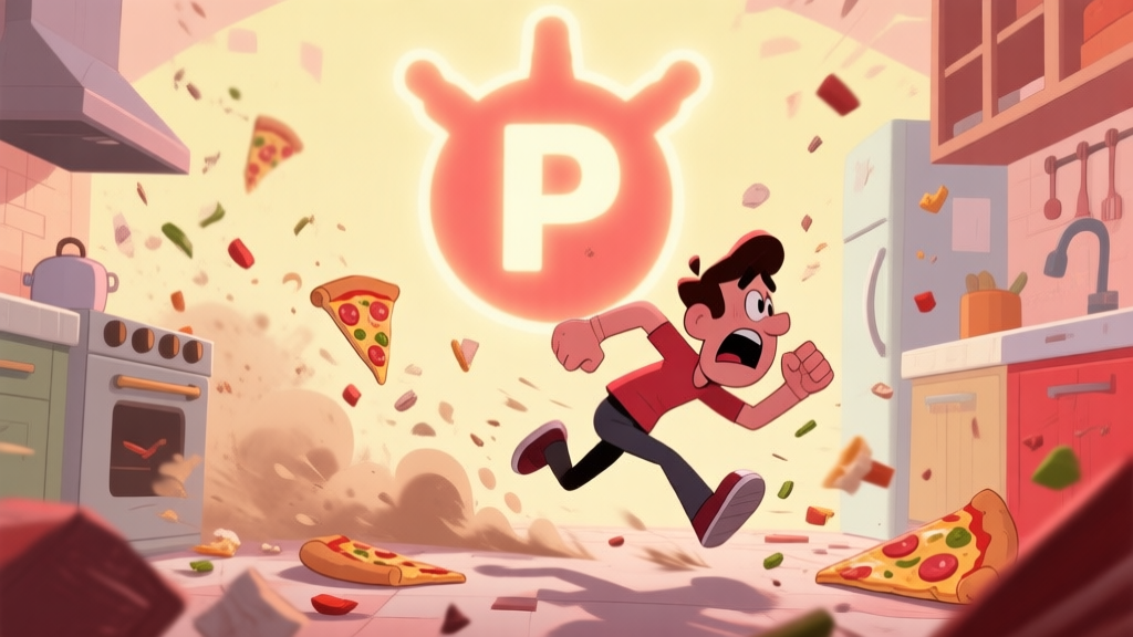 A stylized, frantic 2D cartoon character running at incredible speed through a chaotic kitchen level, leaving a trail of dust and pizza ingredients, with a giant "P" rank symbol glowing in the background, soft pastel colors with muted yellows and reds high quality illustration, detailed, 16:9