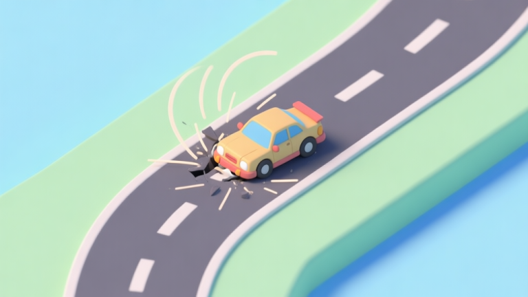 自动生成图片: A top-down view of a simple 2D racing track with a cartoonish car mid-crash, spinning with motion lines, against a soft pastel background of blues and greens high quality illustration, detailed, 16:9