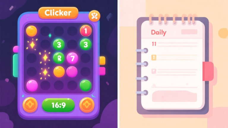 自动生成图片: A split-screen illustration showing a vibrant, addictive clicker game interface on one side with flashing numbers and buttons, and a calm, organized daily planner on the other side, symbolizing balance, in a flat design style with soft colors high quality illustration, detailed, 16:9