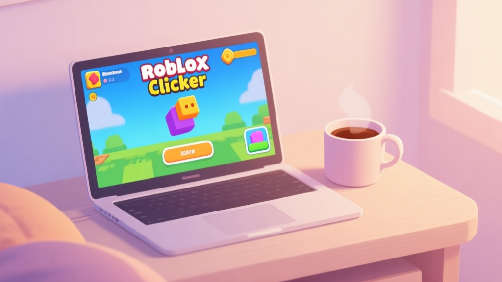 A cozy, inviting scene of a laptop open to a colorful Roblox clicker game interface, with a cup of warm drink beside it, soft pastel lighting, in a minimalist illustration style high quality illustration, detailed, 16:9