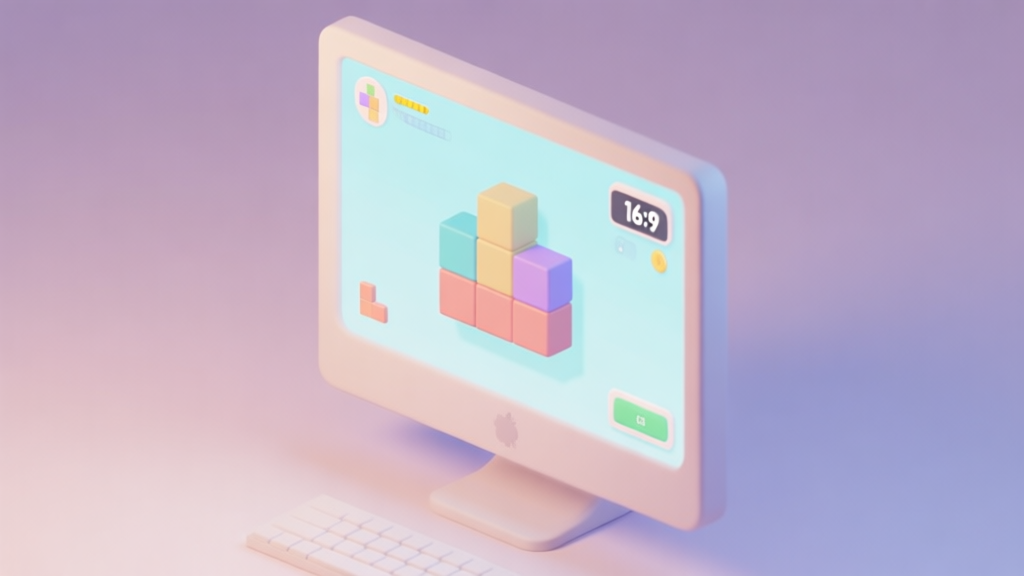 A minimalist isometric 3D view of a simple, clean block puzzle game interface on a computer screen, soft pastel colors, gentle lighting, showing geometric blocks and a score counter high quality illustration, detailed, 16:9