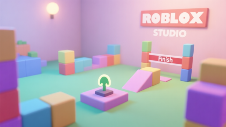 自动生成图片: A welcoming, softly lit 3D scene in Roblox Studio showing a simple beginner's obstacle course made of colorful blocks, with a spawn point and a finish line, using a pastel color palette high quality illustration, detailed, 16:9