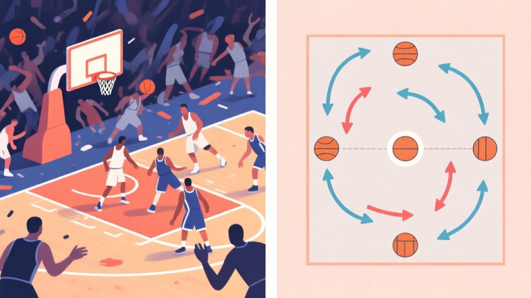 自动生成图片: Split-screen illustration showing a chaotic basketball game scene on one side and a clean, strategic top-down diagram of player positions and movement arrows on the other, in a soft color palette high quality illustration, detailed, 16:9
