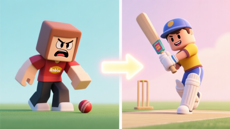 自动生成图片: A split-screen image showing a frustrated Roblox character missing a cricket ball on one side, and a confident character hitting a perfect shot on the other, with a glowing arrow transitioning between the two, soft pastel background high quality illustration, detailed, 16:9