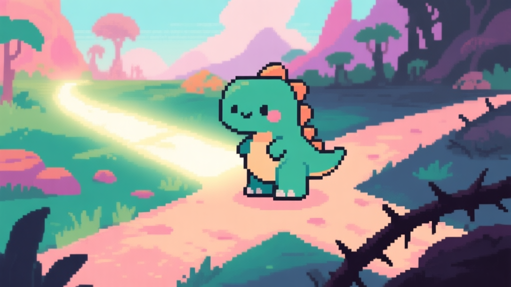 A cute pixel-art dinosaur character standing at a crossroads in a vibrant prehistoric landscape, one path glowing softly, the other dark and thorny, flat design style with soft pastel colors high quality illustration, detailed, 16:9