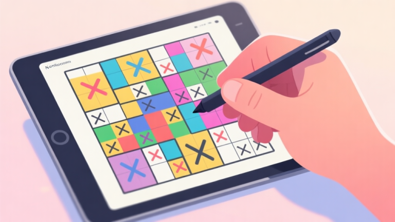 自动生成图片: A close-up of a hand holding a stylus over a tablet showing a colorful but messy nonogram puzzle, with some correct filled squares but many confusing X marks, soft pastel background high quality illustration, detailed, 16:9