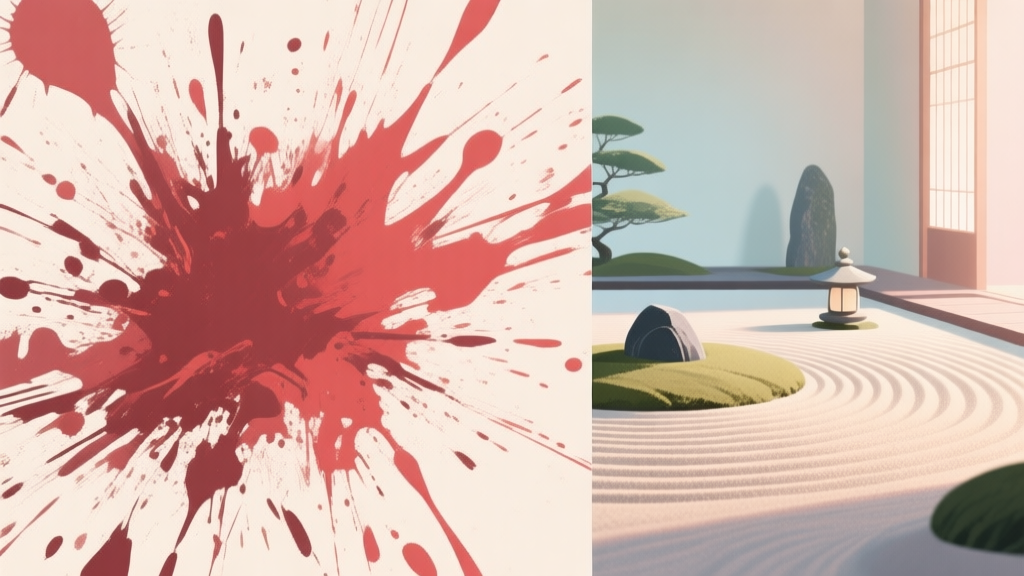 A split-screen image contrasting chaotic, abstract paint splatters in muted reds on one side, against a serene, minimalist zen garden with raked sand on the other, soft lighting, pastel color palette high quality illustration, detailed, 16:9