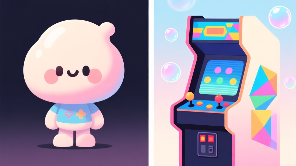 A split-screen illustration showing on one side a cute, stylized video game character with a large, wobbly head, and on the other side, a classic arcade cabinet with bright, geometric bubbles, all in a soft pastel color palette high quality illustration, detailed, 16:9