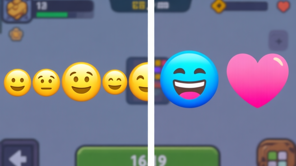 A split-screen comparison showing a row of standard yellow emojis on one side and vibrant, custom-colored emojis (like a blue laughing face, a pink heart) on the other, set against a simple gaming UI background. high quality illustration, detailed, 16:9