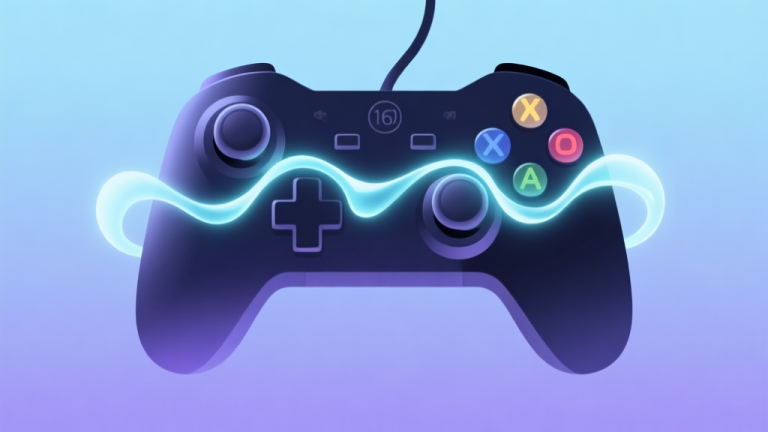 自动生成图片: Abstract illustration of a video game controller with a glowing, fluid energy line connecting its buttons, symbolizing seamless control and flow state, soft blue and purple gradient background, minimalist style high quality illustration, detailed, 16:9