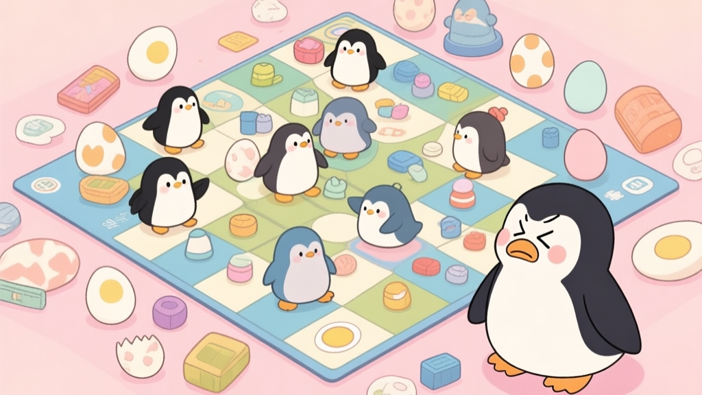 A cluttered but charming game board filled with various cute penguins, eggs, and items, with a frustrated cartoon penguin looking at it, soft pastel game art style high quality illustration, detailed, 16:9