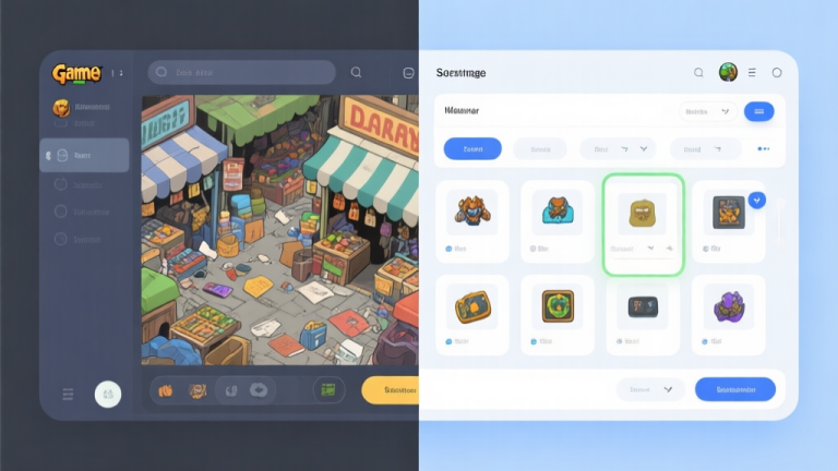 自动生成图片: Split-screen illustration showing a cluttered, chaotic game marketplace interface on one side, and a clean, well-organized interface with highlighted filters and sorted items on the other, using a soft blue and grey color scheme high quality illustration, detailed, 16:9