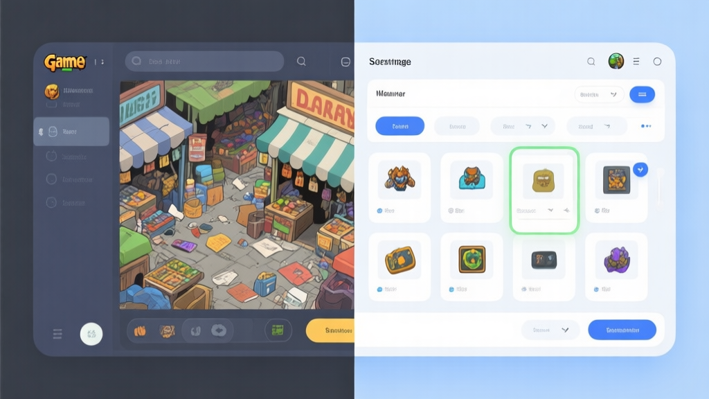 Split-screen illustration showing a cluttered, chaotic game marketplace interface on one side, and a clean, well-organized interface with highlighted filters and sorted items on the other, using a soft blue and grey color scheme high quality illustration, detailed, 16:9