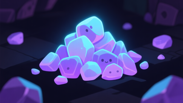 自动生成图片: A stylized, glowing pile of Capylool Stones on a dark game-like background, some stones scattered around, soft purple and blue glow, minimalist game item design high quality illustration, detailed, 16:9