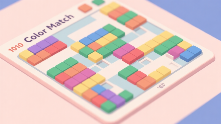 自动生成图片: A top-down view of a 1010 Color Match game board in mid-play, showing a mix of colored blocks forming clear rows and columns, with strategic gaps left open. Soft pastel color palette, clean and minimalist game interface style high quality illustration, detailed, 16:9