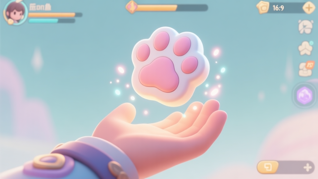 A stylized, cute paw-shaped item floating above a game character's hand, with soft glowing particles, set against a minimalist fantasy game UI background, pastel color scheme high quality illustration, detailed, 16:9