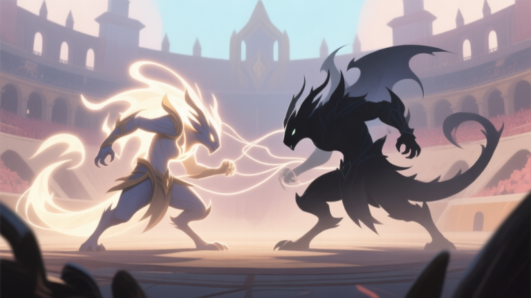 自动生成图片: Two stylized, complementary fantasy creatures in a battle arena, one emitting light and the other shadow, with subtle connecting energy lines between them, soft color palette high quality illustration, detailed, 16:9