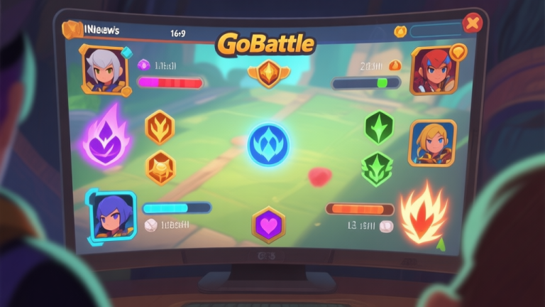 自动生成图片: A new player's perspective looking at a vibrant but slightly overwhelming GoBattle match screen, with multiple skill icons, health bars, and character portraits, soft glow effects, muted color palette high quality illustration, detailed, 16:9
