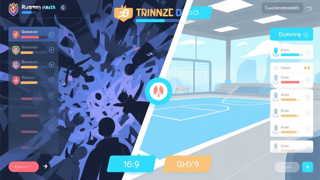 A split-screen illustration showing a chaotic ranked match on one side and a serene, customizable training arena on the other, with UI elements like dummy health bars and move lists visible, soft blue and grey color scheme high quality illustration, detailed, 16:9