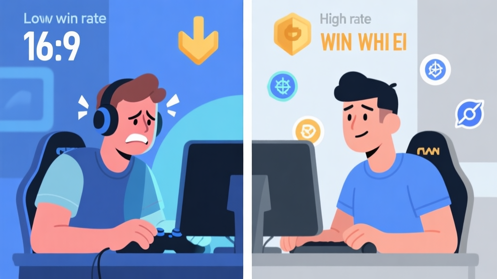 A split-screen illustration showing a frustrated gamer on one side with a low win rate stat, and a confident gamer on the other side with a high win rate and strategic icons floating around, in a soft color palette of blues and greys high quality illustration, detailed, 16:9